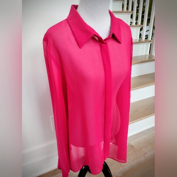NWOT BCBGeneration W's Large Sheer Collared Button-Down Pink Long Sleeve Blouse - Picture 2 of 9